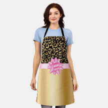 Elegante Apron de Oro Bow Rosa Leopardo Negro