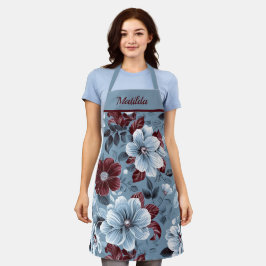 Delantal Elegante Apron Floral Azul y Borgoña