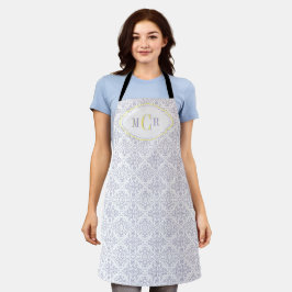 Delantal Elegante Azul Francés Blanco Amarillo Damask Monog
