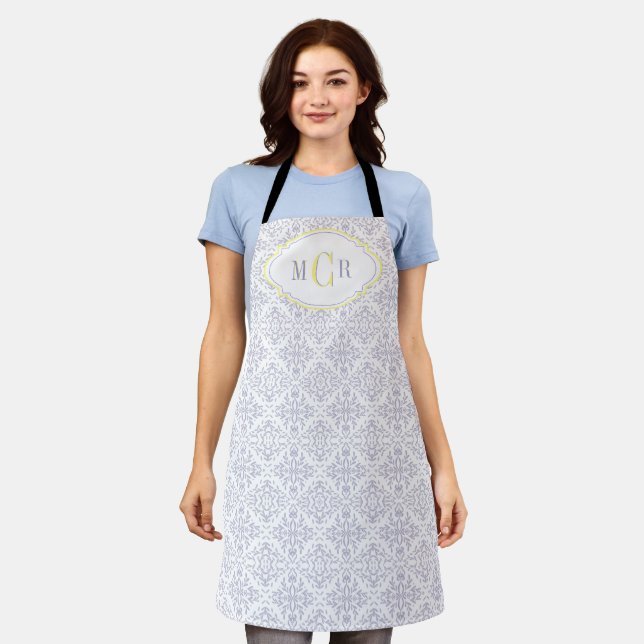 Delantal Elegante Azul Francés Blanco Amarillo Damask Monog (Gastado)