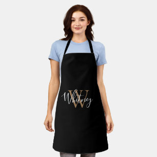 Delantal Elegante Black Gold Monograma Script Elegante Nomb