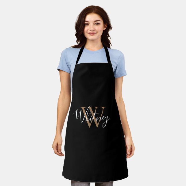 Delantal Elegante Black Gold Monograma Script Elegante Nomb (Gastado)