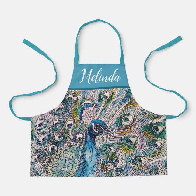 Delantal Elegante Blue Peacock acuarela Art Kids Apron (Anverso)