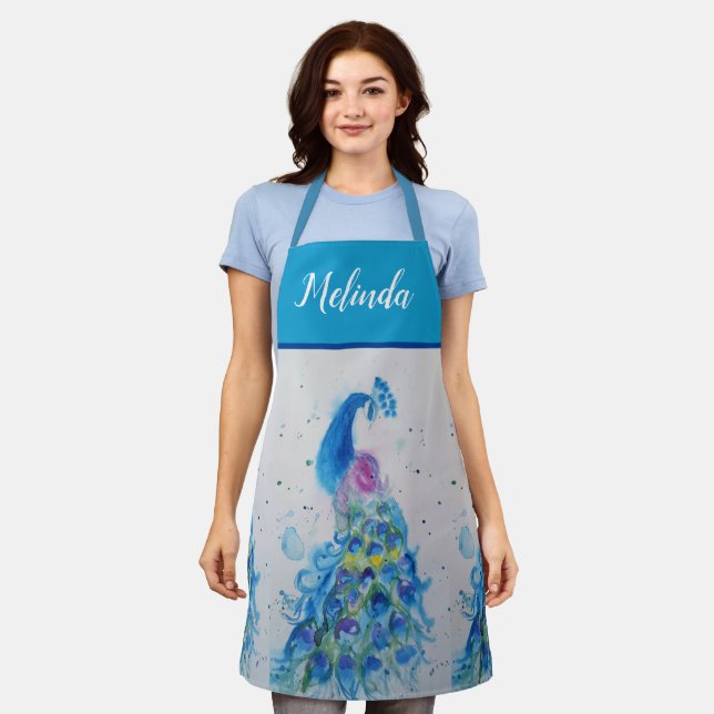 Delantal Elegante Blue Peacock acuarela Art Womans Apron (Gastado)