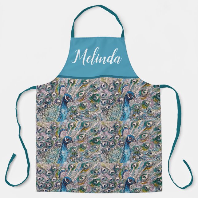 Delantal Elegante Blue Peacock acuarela Art Womans Apron (Anverso)
