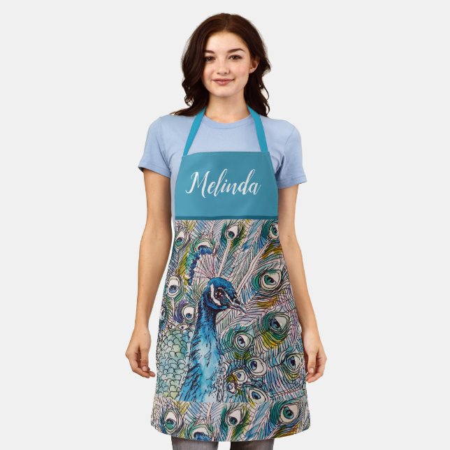 Delantal Elegante Blue Peacock acuarela Art Womans Apron (Gastado)