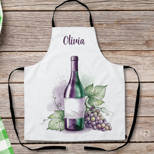 Delantal Elegante botella de vino y uvas en acuarela