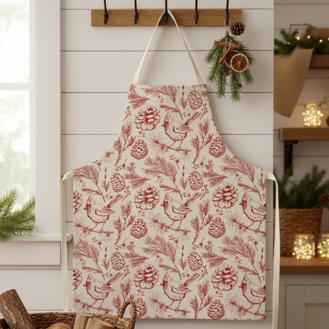 Delantal Elegante cardenal rojo pájaro, pino y berries (Festive Elegant Winter Red Cardinal Bird and Pinecone Pattern for Christmas for Nature or Bird Lover)