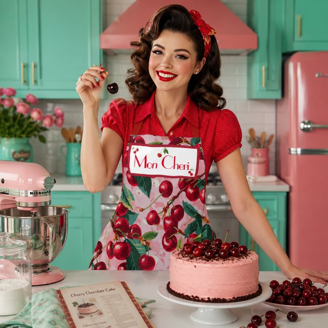 Delantal Elegante 'Cherry Pop' Rosa Personalizado  (Vintage Retro 'Cherry Pop' Monogrammed Apron )