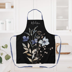 Delantal Elegante Chic Monograma Flor de Acuarela Azul