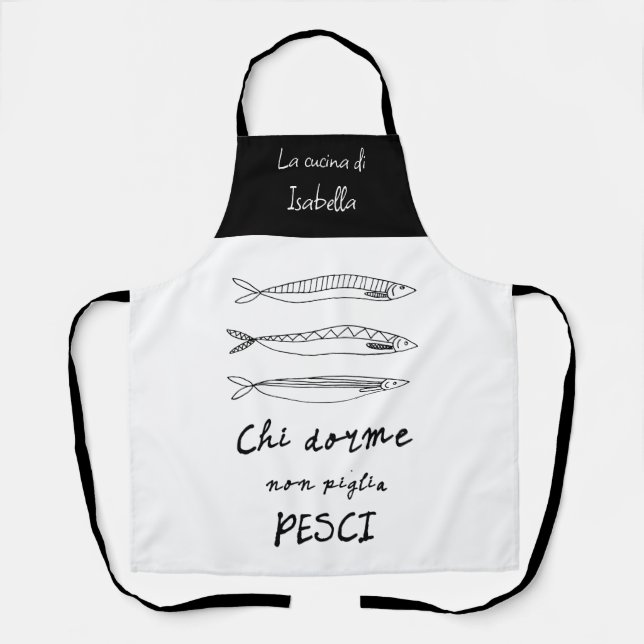 Delantal Elegante cocina italiana sardinas dibujando negro