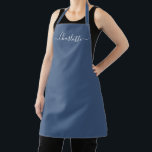 Delantal Elegante escritura azul personalizado nombre simpl<br><div class="desc">Personalizado azul personalizado nombre de escritura moderno monograma color liso y sólido simple elegante moda elegante estilo elegante azul y blanco cocina de texto Apron. Personalizar, personalizarla con nombre, cita, frase o texto. Personalizado de texto de guión blanco, fondo plano azul sólido. Excelente para cocineros, chefs, cerámica, artesanía, trabajo, cocina,...</div>