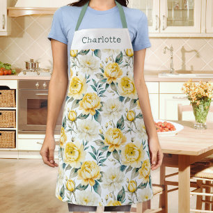 Delantal Elegante Estampado Floral Amarillo Blanco