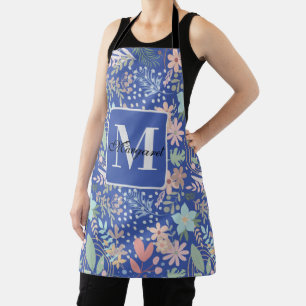 Delantal Elegante Flor Flora Flor Azul Tema Monograma