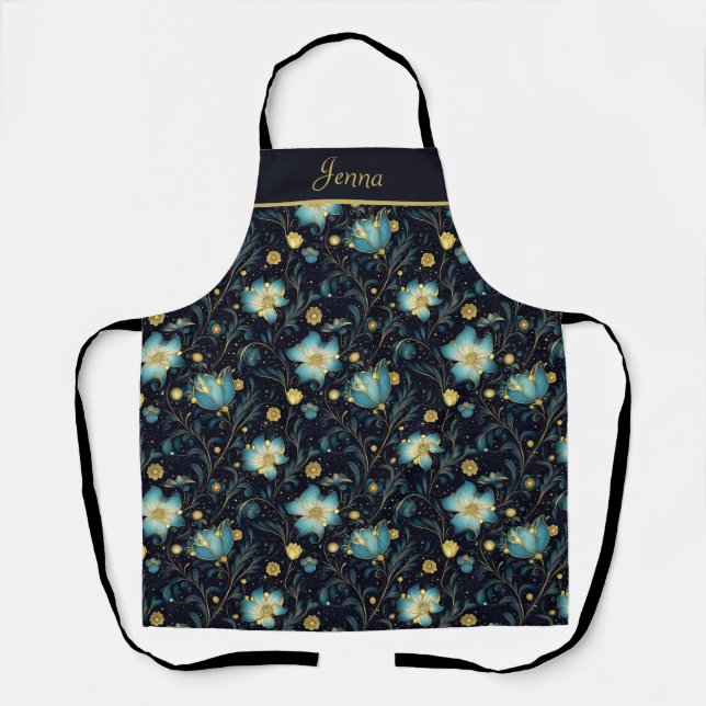 Delantal Elegante floral azul y dorado medianoche personali (Anverso)