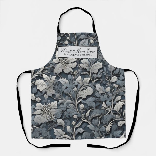 Delantal Elegante floral gris plateado blanco (Anverso)