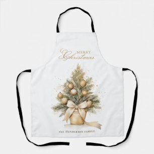 Delantal Elegante Gold Merry Christmas Tree Custom Name