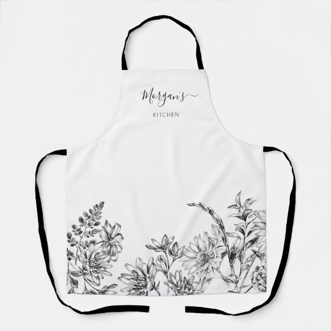 Delantal Elegante guión Apron de vino floral blanco negro (Anverso)