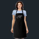 Delantal Elegante guión personalizado negro monograma inici<br><div class="desc">Elegante guión personalizado blanco y negro caligrafía monograma inicial personalizada cocina plana maciza Apron. Excelente para cocineros, chefs, cerámica, artesanía, trabajo, cocina, horneado, barbacoa, parrilladas, comercios y tiendas, etc.</div>