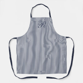 Delantal Elegante guion raya azul marino monograma clásico