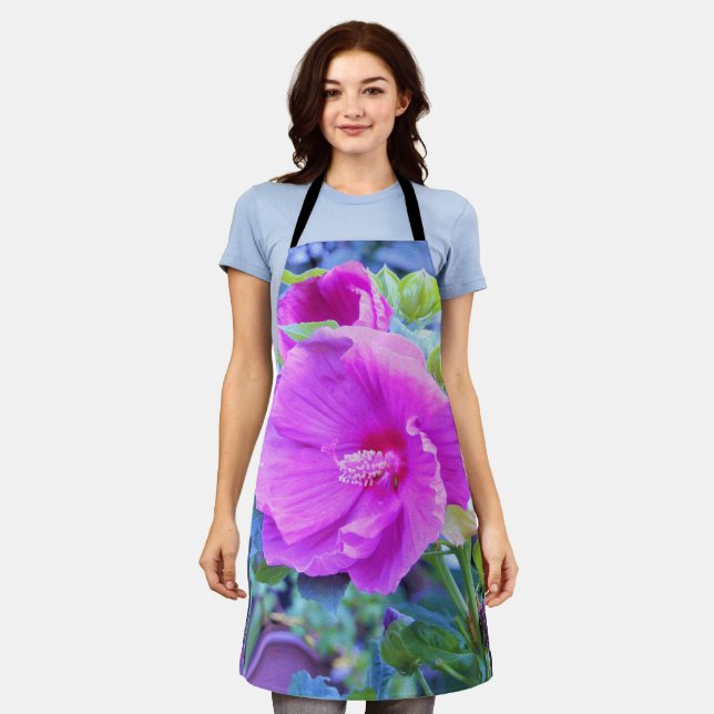 Delantal Elegante Hibiscus rosa con oliage azul ondulado (Gastado)