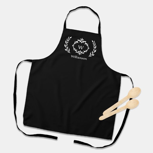 Delantal Elegante Logotipo de Cresta Monogramado Personaliz (Elegant Custom Monogrammed Crest Logo Black White Apron)