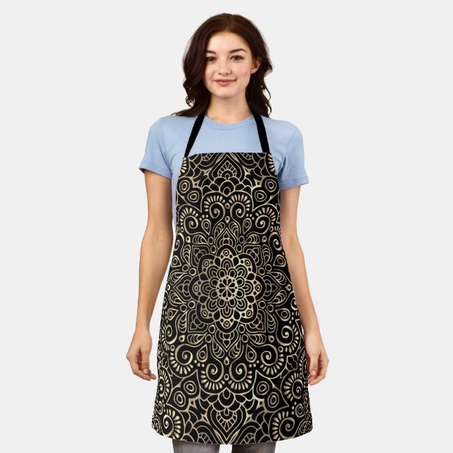 Delantal Elegante Mandala Negro Dorado con Estilo (Gastado)