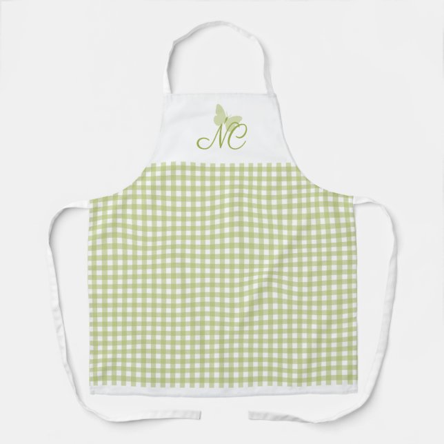 Delantal Elegante mariposa Monograma Green Gingham Checks (Anverso)