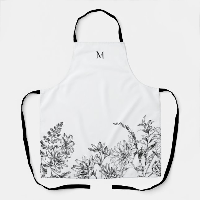 Delantal Elegante Monograma Apron de Vino Floral Blanco (Anverso)