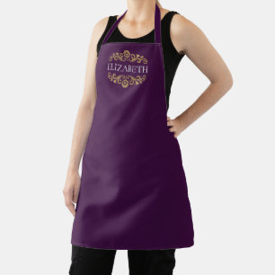 Delantal Elegante Monograma Apron dorado púrpura