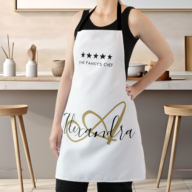 Delantal Elegante Monograma Black Gold Script Mejor Nombre  (Elegant Monogram Black Gold Script Best Chef Name Apron)