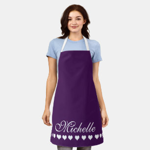 Delantal Elegante Monograma Corazones Blancos Eggplant Púrp