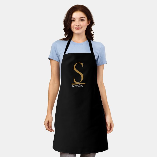 Delantal Elegante Monograma de Oro Negro Guión Femenino Gir (Subido por el creador)