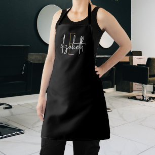 Delantal Elegante Monograma Negro Oro Salón Moderno
