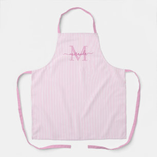 Delantal Elegante Monograma Nombre Raya Rosa