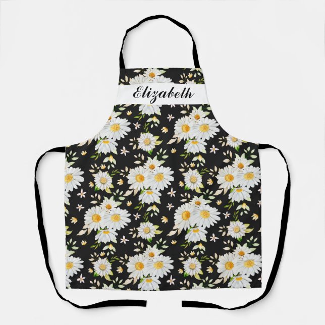 Delantal Elegante Monograma Patrón de margarita en blanco y (Anverso)