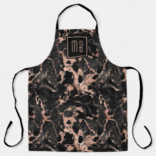 Delantal Elegante Monograma Rosa Oro Mármol Negro