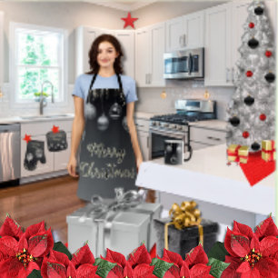 Delantal Elegante Navidades modernos negro y plateado medio