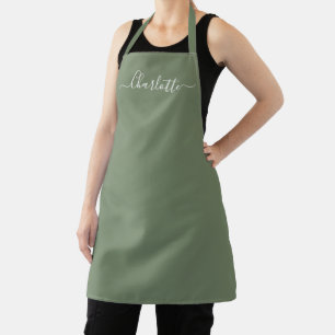Delantal Elegante nombre de guión personalizado verde oliva