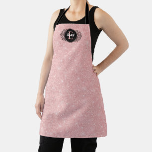 Delantal Elegante Nombre Monograma con Brillo Rosa Femenino