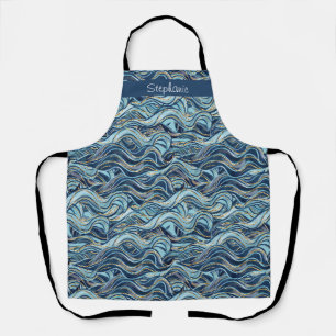 Delantal Elegante patrón de onda azul con acentos dorados