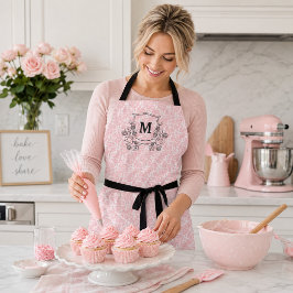Delantal Elegante Patrón de Rosa Minúscula Rosa Monograma