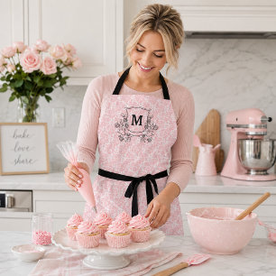 Delantal Elegante Patrón de Rosa Minúscula Rosa Monograma