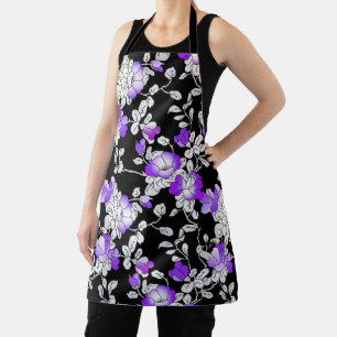 Delantal Elegante Patrón Floral Blanco Violeta Púrpura