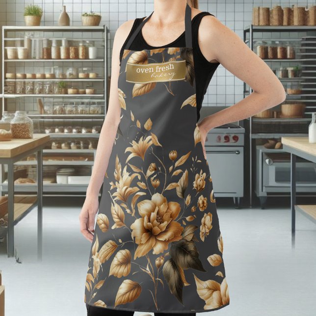 Delantal Elegante patrón floral dorado Panadería gris oscur (Subido por el creador)