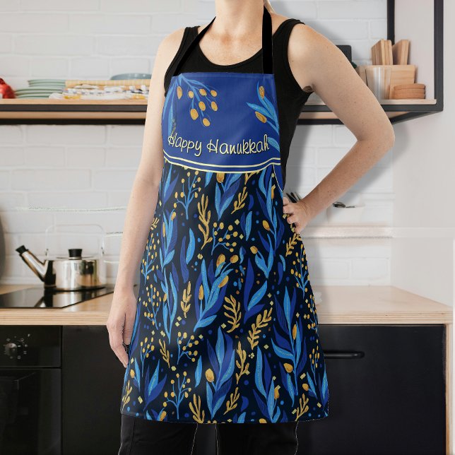 Delantal Elegante patrón floral Feliz Hanukkah (Elegant Floral Pattern Happy Hanukkah Apron)