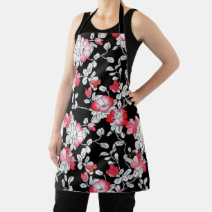Delantal Elegante patrón floral rojo blanco negro