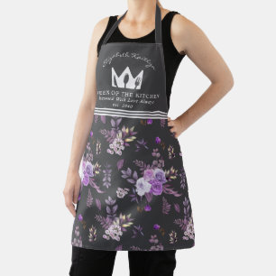 Delantal Elegante patrón morado floral Reina de la cocina