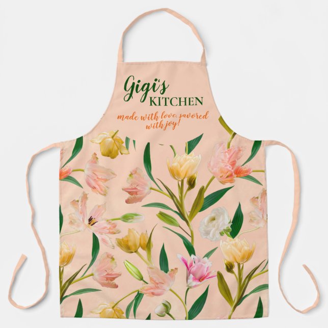 Delantal Elegante Peach Gigis Kitchen Patrón floral primave (Anverso)