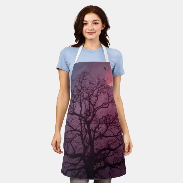 Delantal Elegante Spooky Halloween Theme Tree Moon Artwork (Gastado)